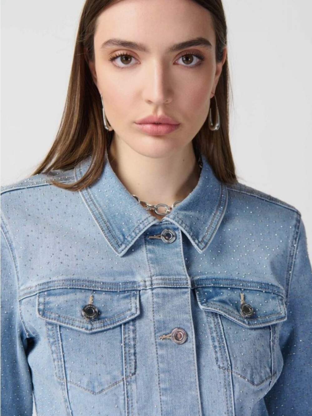 Joseph Ribkoff Light Blue Embellished
Denim Trucker Jean Jacket 241914 XL